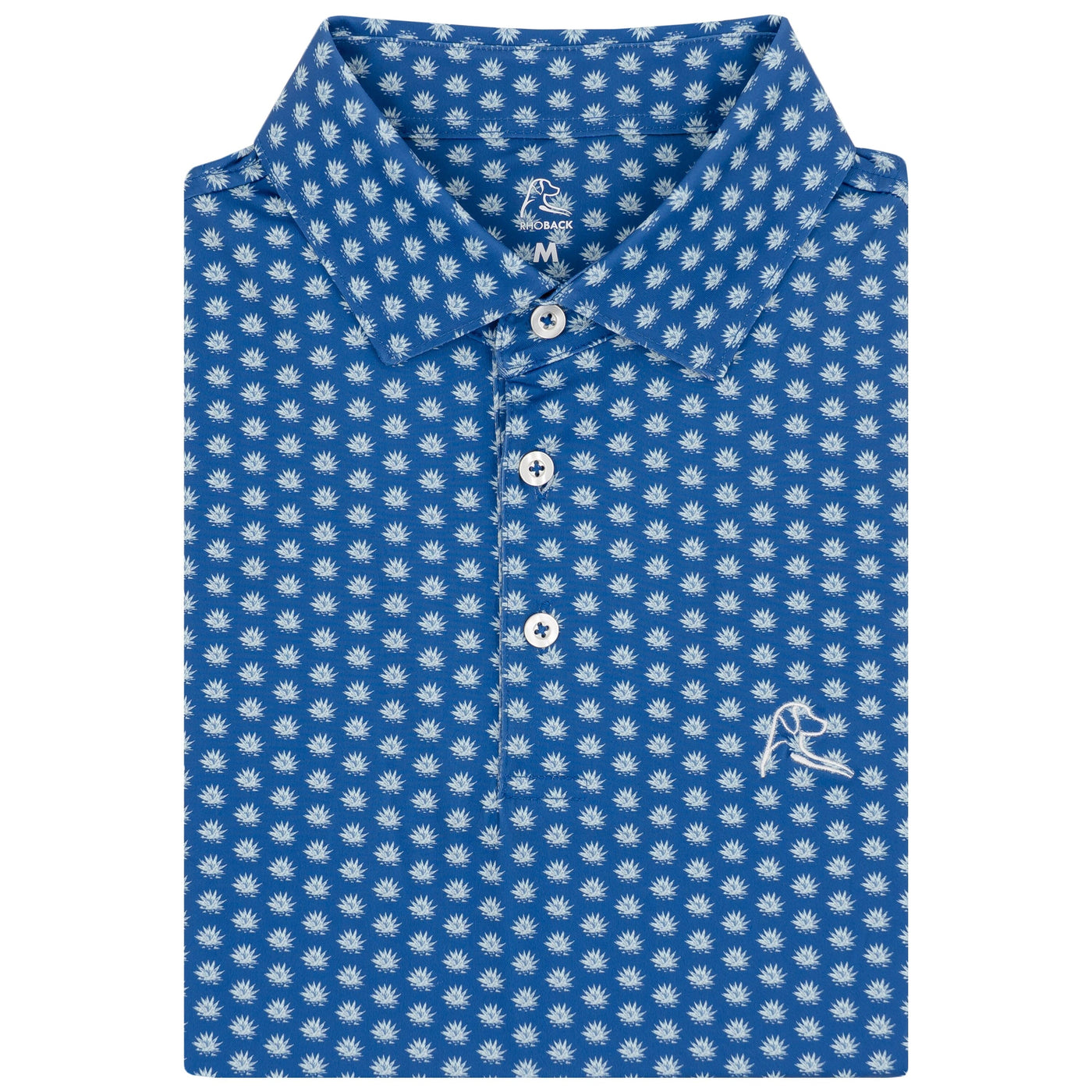 The RHOBACK Agave 2.0 Performance Polo in Short Stop Blue/Seafoam features a collared design, repeating white palm tree pattern, three white buttons, moisture-wicking fabric, and an embroidered white logo on the lower right side.