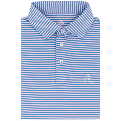 The RHOBACK Birdie Stripe Performance Polo in Birdie Blue/Lotus Pink features horizontal stripes, a collared neckline with three white buttons, and a white embroidered seal outline on the chest. Moisture-wicking fabric keeps you cool.