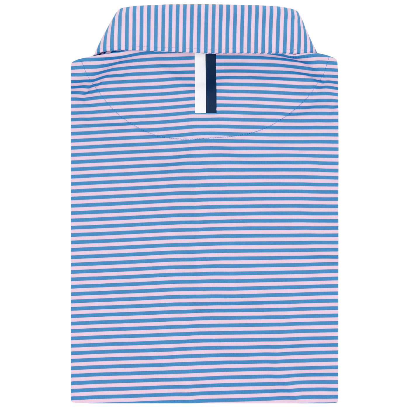 A neatly folded RHOBACK The Birdie Stripe Performance Polo in Birdie Blue and Lotus Pink, featuring horizontal stripes, a matching collar, visible navy and white tag, and comfortable four-way stretch fabric.