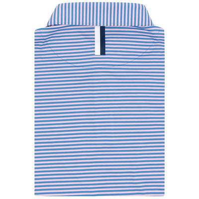 A neatly folded RHOBACK The Birdie Stripe Performance Polo in Birdie Blue and Lotus Pink, featuring horizontal stripes, a matching collar, visible navy and white tag, and comfortable four-way stretch fabric.