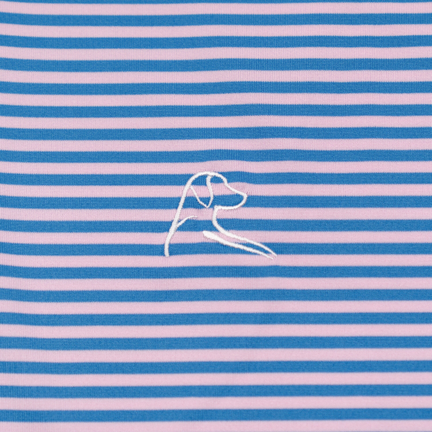 The Birdie Stripe Performance Polo by RHOBACK in Birdie Blue/Lotus Pink features a white dog head embroidery, four-way stretch, and moisture-wicking fabric to keep you cool and comfortable.