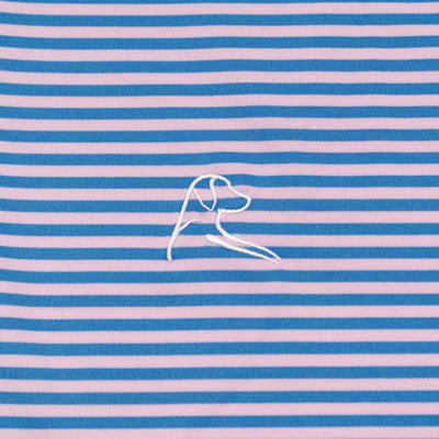 The Birdie Stripe Performance Polo by RHOBACK in Birdie Blue/Lotus Pink features a white dog head embroidery, four-way stretch, and moisture-wicking fabric to keep you cool and comfortable.