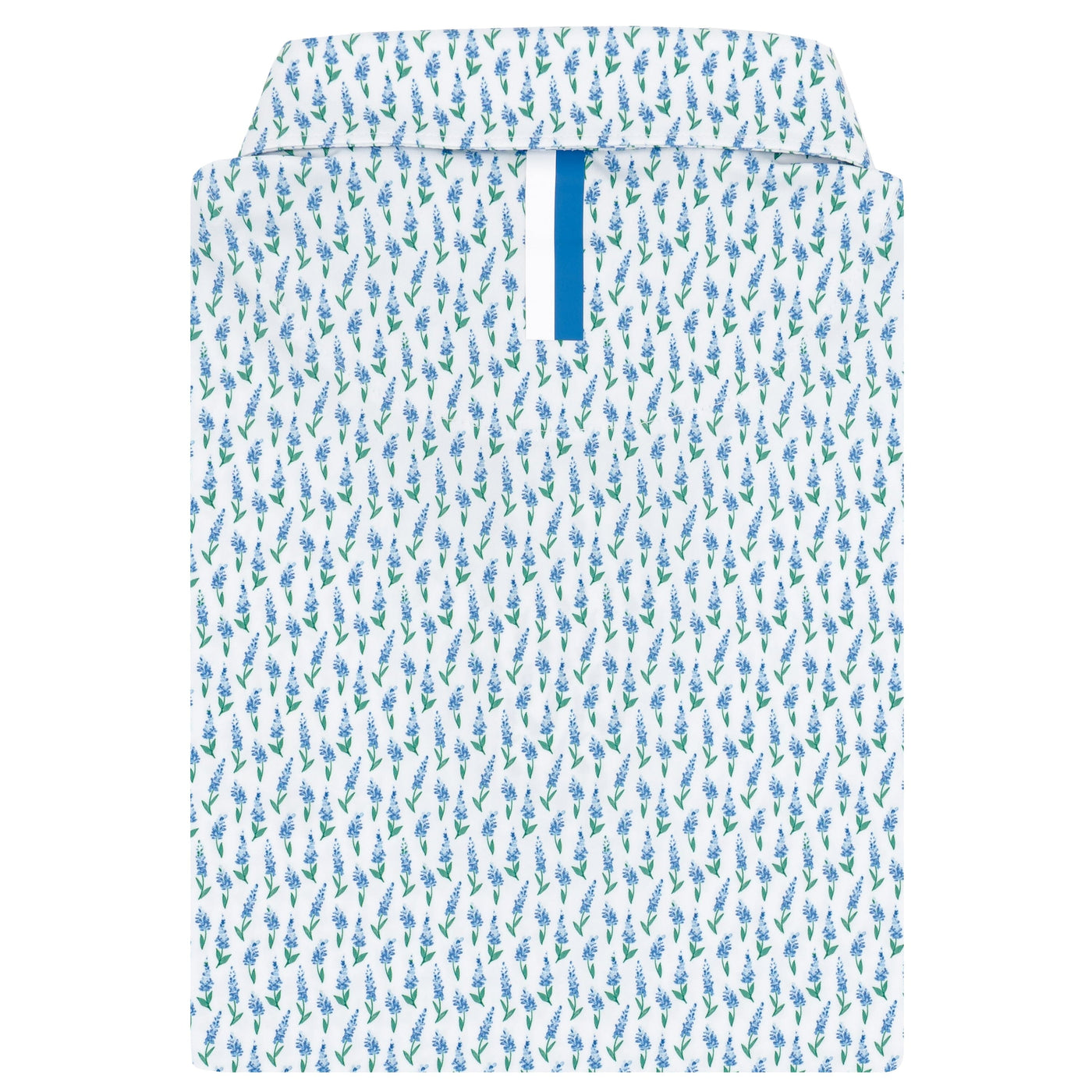 The Blue Bonnet 2.0 Performance Polo by RHOBACK in White/Lake Blue features a blue and green leafy pattern, moisture-wicking fabric for all-day comfort, and a blue strip inside the placket, shown front-facing with the collar up.