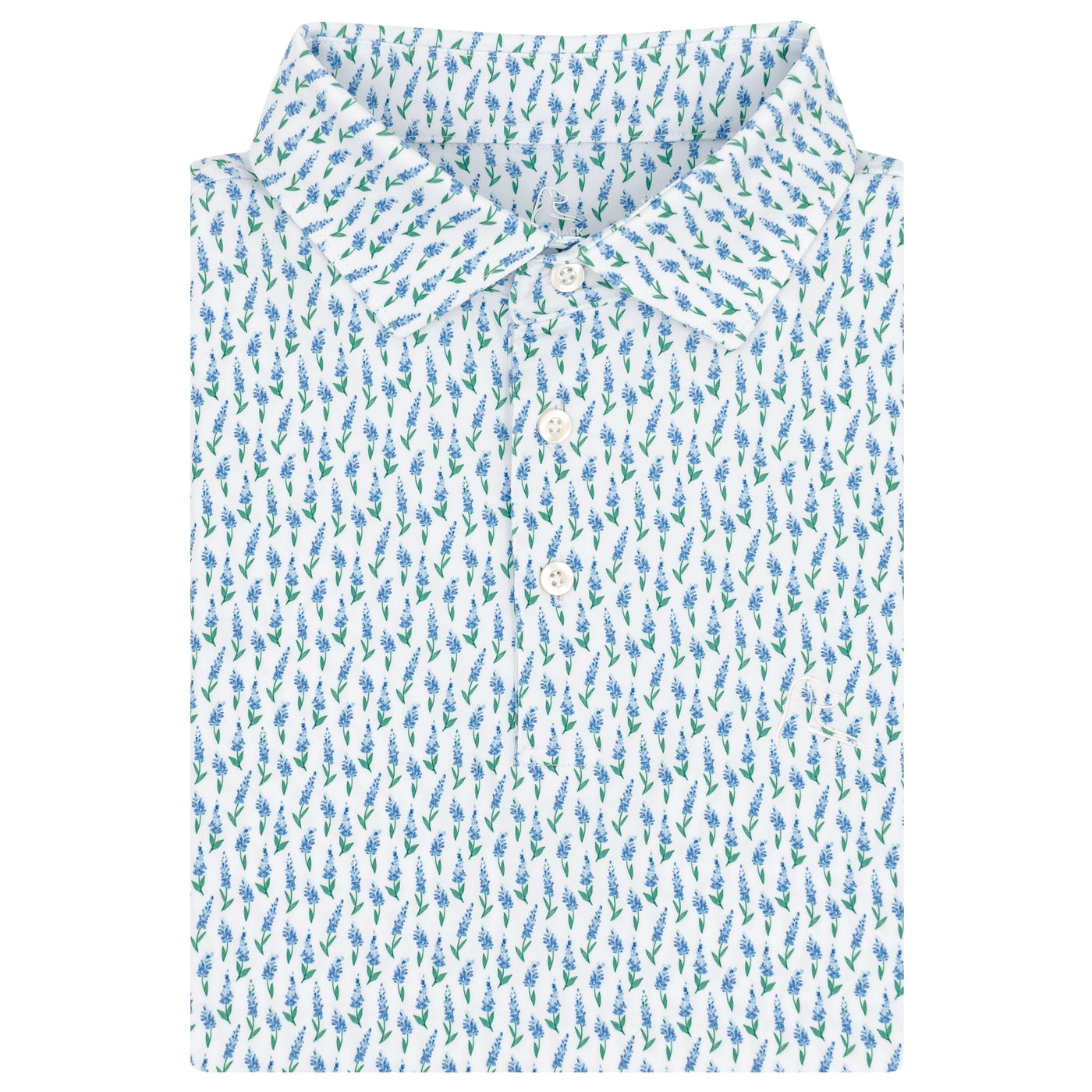 The RHOBACK Blue Bonnet 2.0 Performance Polo in White/Lake Blue features a small blue and green leafy pattern, collar, three-button placket, and moisture-wicking fabric for all-day comfort.