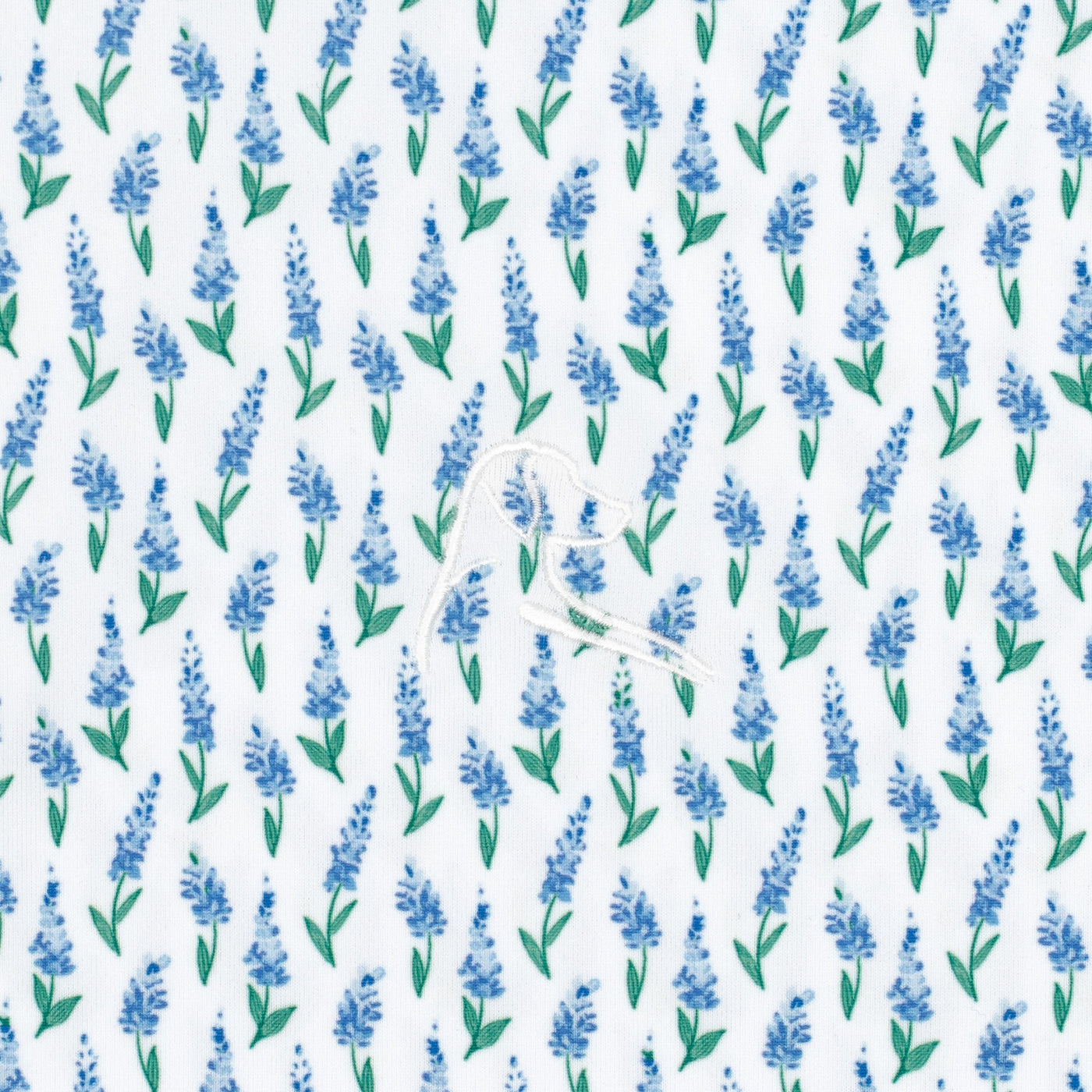 The Blue Bonnet 2.0 Performance Polo by RHOBACK features small, repeating lavender sprigs with green stems and leaves on a white background, printed on moisture-wicking fabric for fresh comfort.