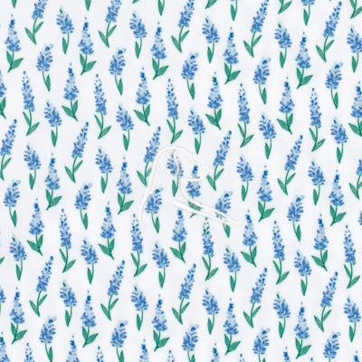 The Blue Bonnet 2.0 Performance Polo by RHOBACK features small, repeating lavender sprigs with green stems and leaves on a white background, printed on moisture-wicking fabric for fresh comfort.