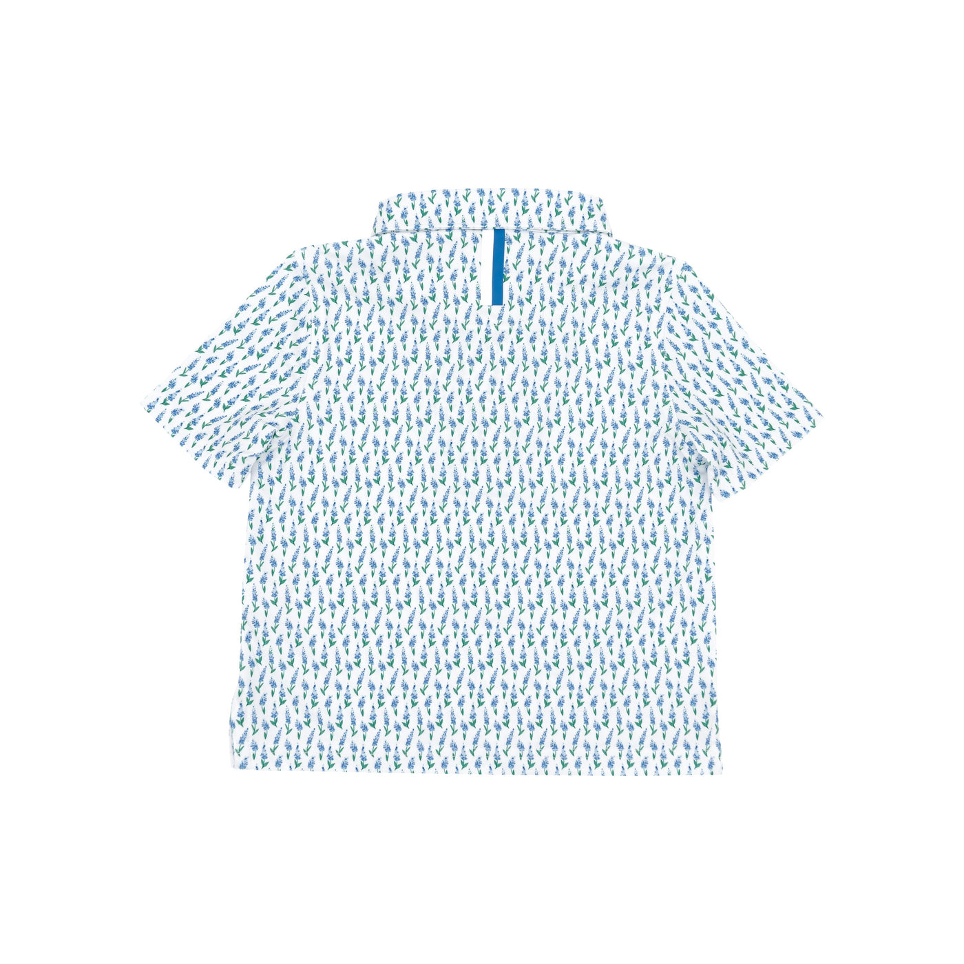 Back view of RHOBACK's The Lil' Blue Bonnet 2.0 Performance Polo in White/Lake Blue, featuring a blue and green leaf pattern, vertical blue collar stripe, moisture-wicking fabric, and sun protection for all-day comfort.