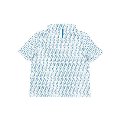 Back view of RHOBACK's The Lil' Blue Bonnet 2.0 Performance Polo in White/Lake Blue, featuring a blue and green leaf pattern, vertical blue collar stripe, moisture-wicking fabric, and sun protection for all-day comfort.