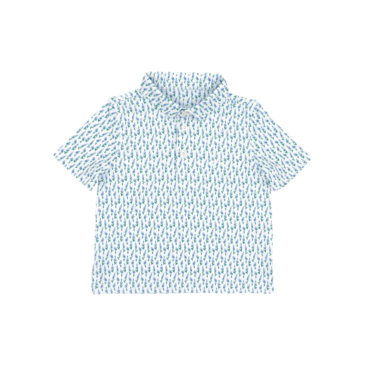 The RHOBACK Lil' Blue Bonnet 2.0 Performance Polo in White/Lake Blue features short sleeves, a collared design, all-over blue and green fish print, moisture-wicking fabric, sun protection, button-up neckline, and a relaxed fit.