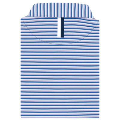 The RHOBACK Cabana Stripe Performance Polo features moisture-wicking fabric and stylish horizontal stripes in Lavender, Short Stop Blue, and Seafoam, with a placket neckline for a polished look.