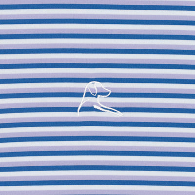 The RHOBACK Cabana Stripe Performance Polo in Lavender/Short Stop Blue/Seafoam features horizontal stripes and a minimalist embroidered dog, offering moisture-wicking comfort for all-day wear.
