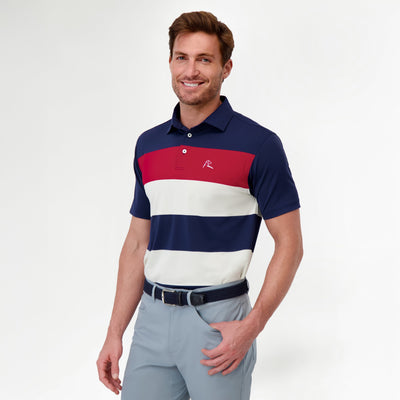 The Cannon Stripe | Performance Polo | The Cannon Stripe - Fleet Navy/Ivory/Cardinal Red