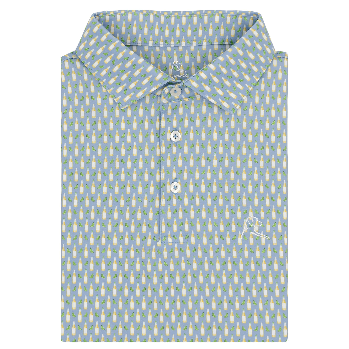 The Cerveza - Oxford Blue by RHOBACK is a light blue performance polo with a pattern of green and yellow bottles, moisture-wicking fabric, white buttons, and a white embroidered chest logo.