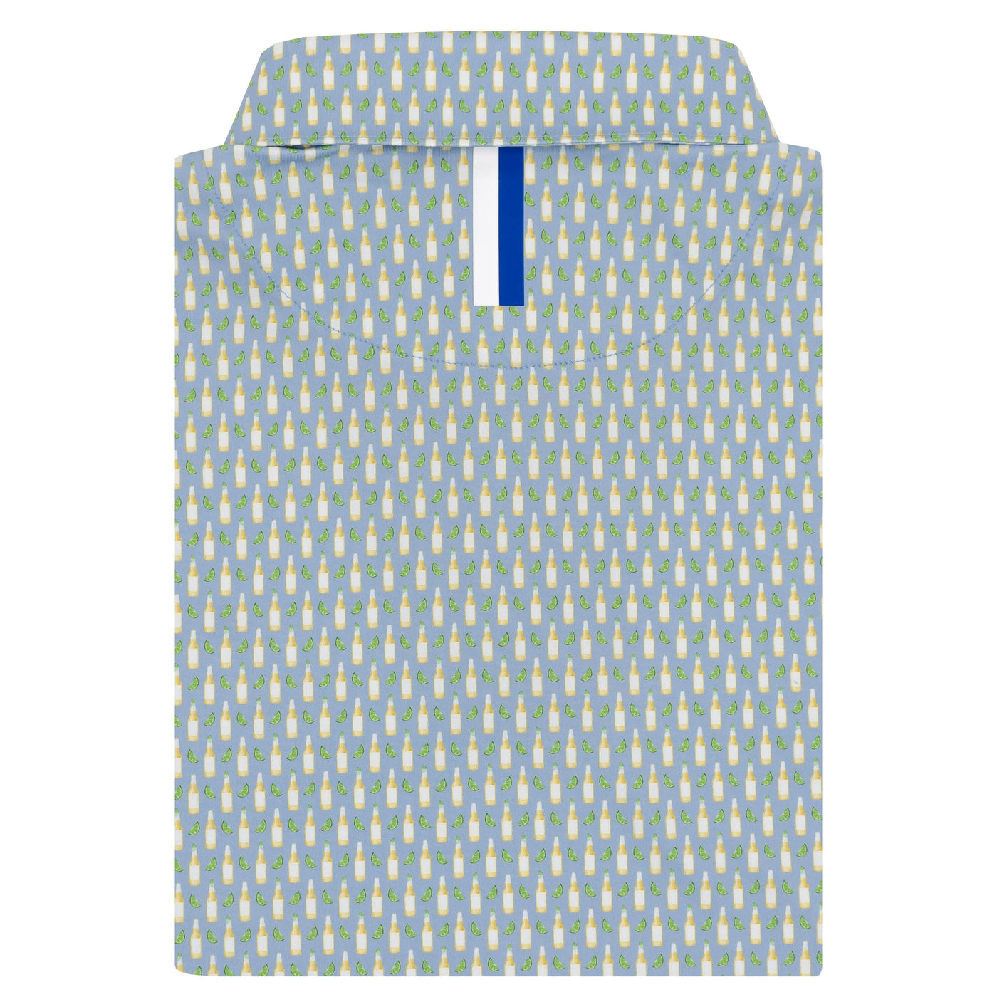 The RHOBACK Cerveza Performance Polo in Oxford Blue is neatly folded, featuring a repeating pattern of small yellow and white penguins, with a blue and white tag visible inside the collar.