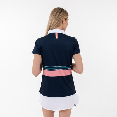 Cornelia Stripe Performance Polo | The Cornelia Stripe - Fleet Navy/Dogwood Pink
