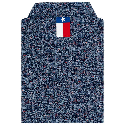 The RHOBACK "The DFW" Performance Polo in Fleet Navy/White features a Texas-themed pattern with white and red accents, moisture-wicking fabric, and a Texas flag patch below the collar on the upper back.
