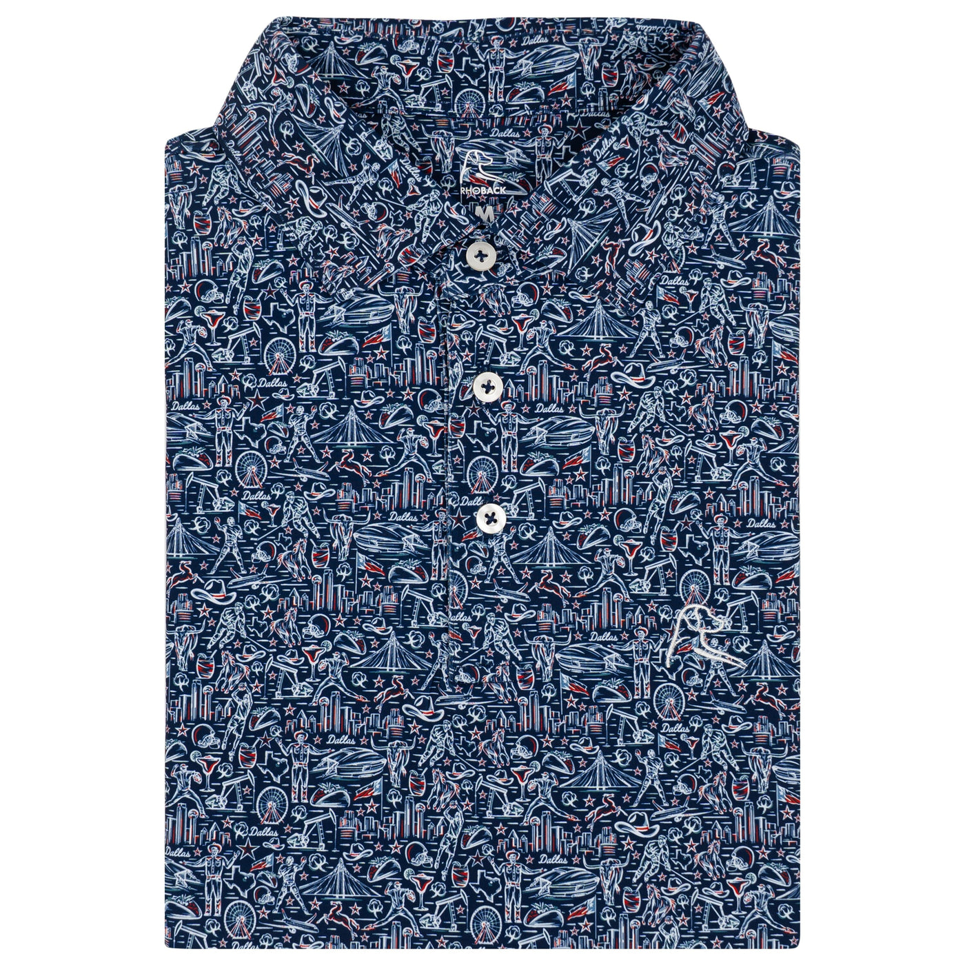 The RHOBACK DFW Performance Polo in Fleet Navy/White features playful ocean-inspired line-art, UPF sun protection, moisture-wicking fabric, and white placket buttons for all-day comfort and style.