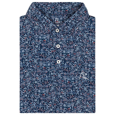 The RHOBACK DFW Performance Polo in Fleet Navy/White features playful ocean-inspired line-art, UPF sun protection, moisture-wicking fabric, and white placket buttons for all-day comfort and style.