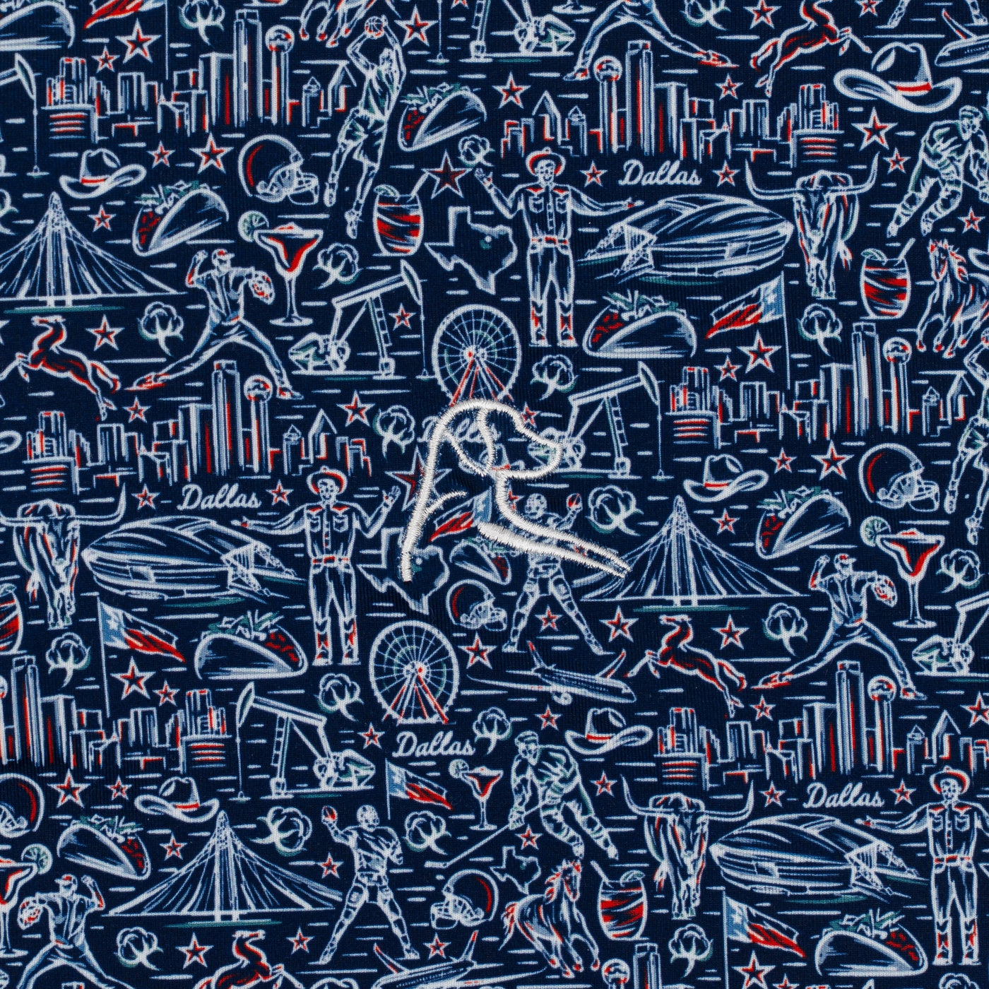 The DFW Performance Polo by RHOBACK features white and red Dallas landmarks, cowboys, rodeo scenes, boots, hats, stars, tacos, and Ferris wheels on a navy background with UPF protection—perfect for showing Texas pride.