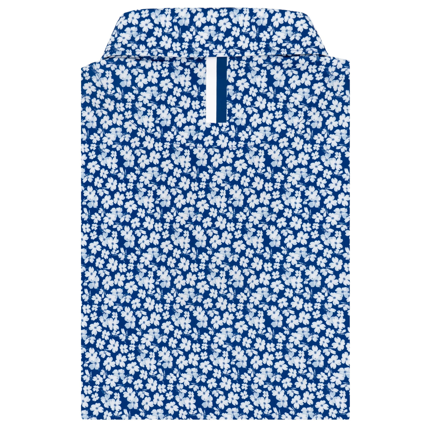The RHOBACK Dogwood 2.0 Performance Polo in Shoal Blue/White features a dense white floral pattern, UPF sun protection, and moisture-wicking fabric. The collared shirt is neatly folded with its collar and front placket visible.