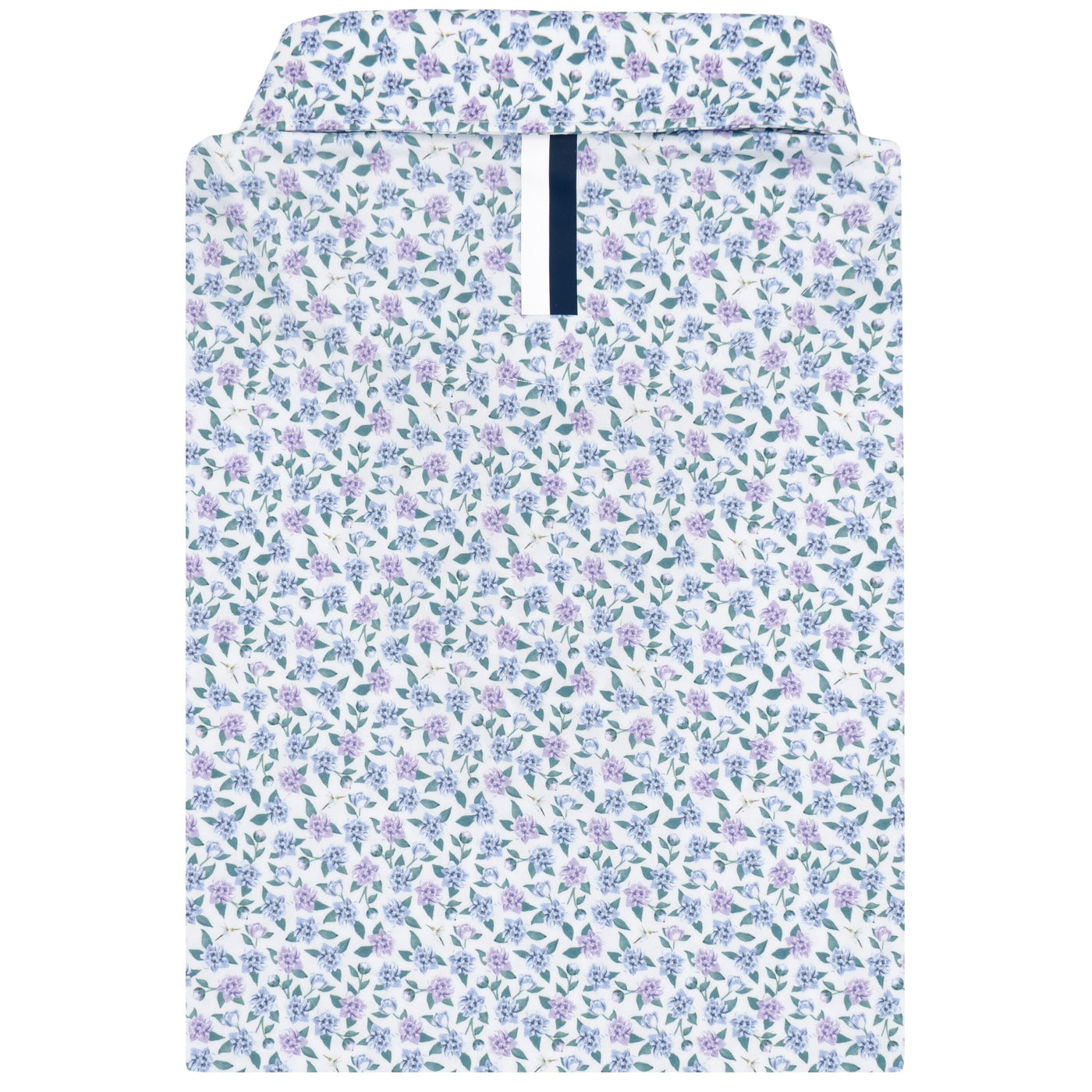The RHOBACK The Flutter Floral Performance Polo in White/Air Blue features a zippered collar and a pattern of small purple and blue flowers with green leaves, made from moisture-wicking fabric for style and comfort.