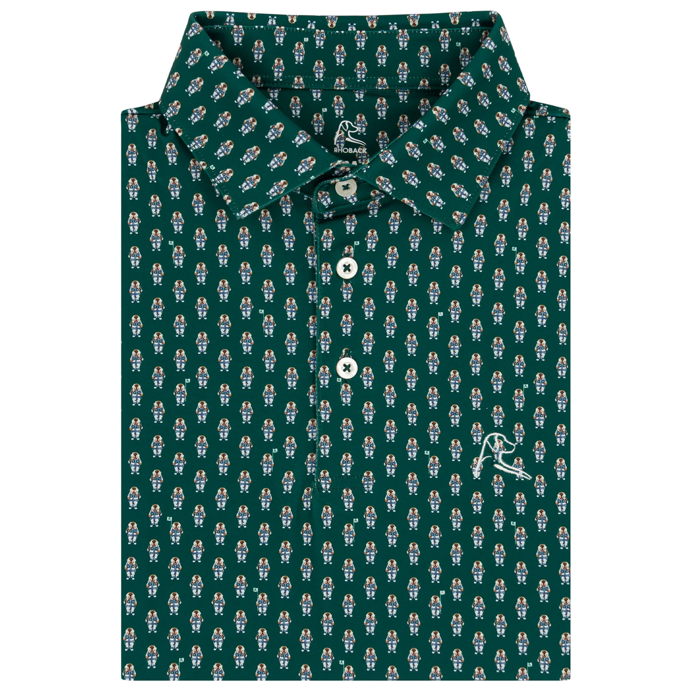 The RHOBACK Golfin' Gopher Performance Polo in Fairway Green/White features an all-over golfer print, white buttons, an embroidered logo on the chest, and moisture-wicking fabric for comfort.