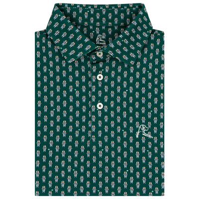 The RHOBACK Golfin' Gopher Performance Polo in Fairway Green/White features an all-over golfer print, white buttons, an embroidered logo on the chest, and moisture-wicking fabric for comfort.
