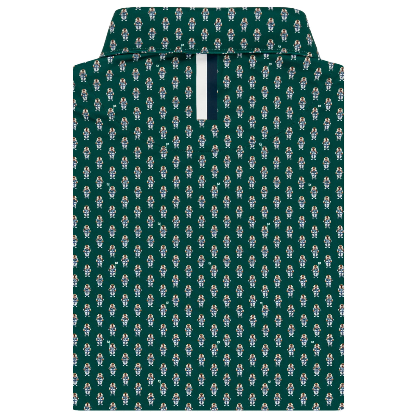 The RHOBACK Golfin' Gopher Performance Polo in Fairway Green/White, shown folded with its white button placket and a small floral print, features moisture-wicking fabric for all-day comfort.