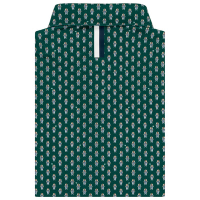 The RHOBACK Golfin' Gopher Performance Polo in Fairway Green/White, shown folded with its white button placket and a small floral print, features moisture-wicking fabric for all-day comfort.