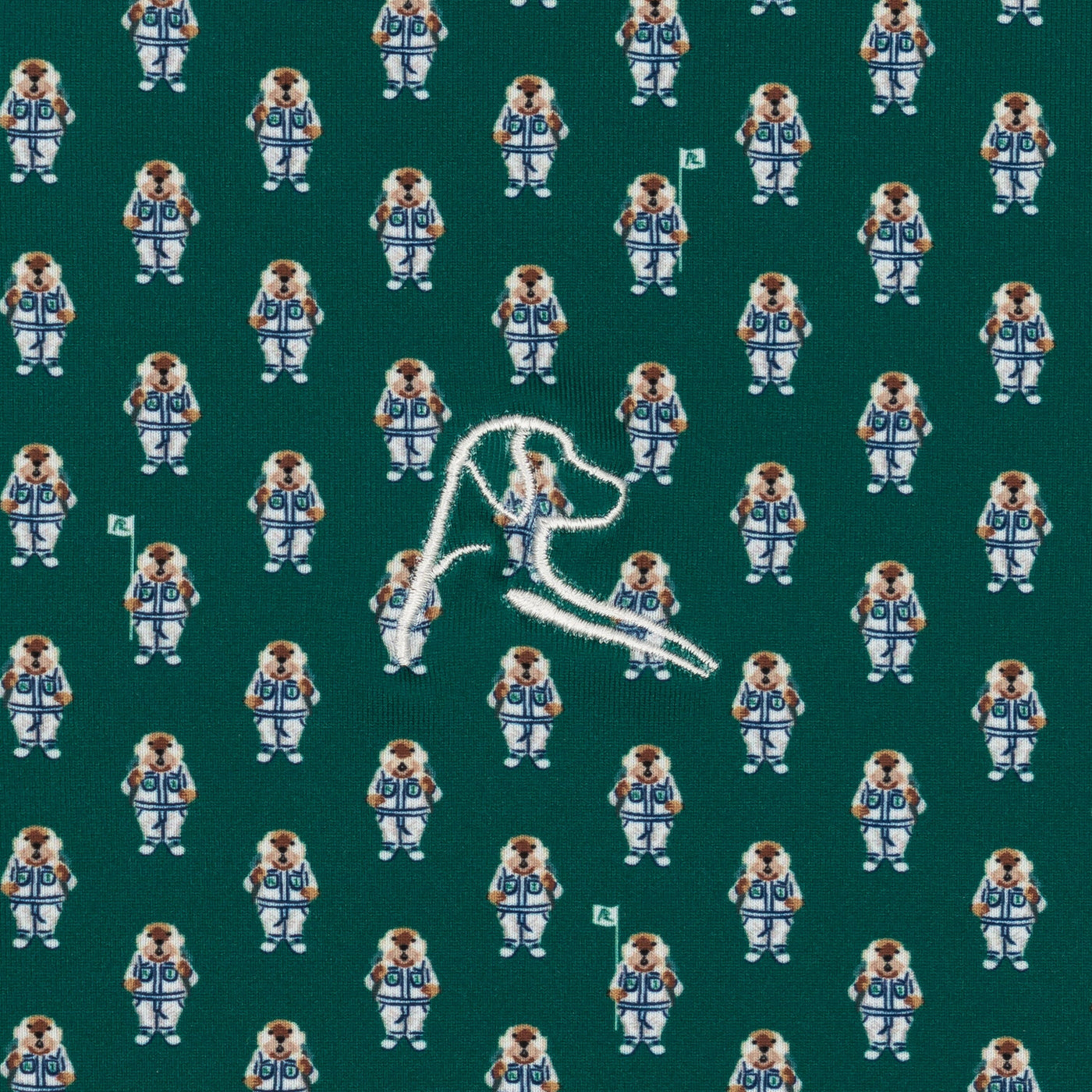 The Golfin' Gopher Performance Polo by RHOBACK features Fairway Green moisture-wicking fabric with playful gophers in white and blue, each holding flags, and a bold embroidered white "A" at the center.