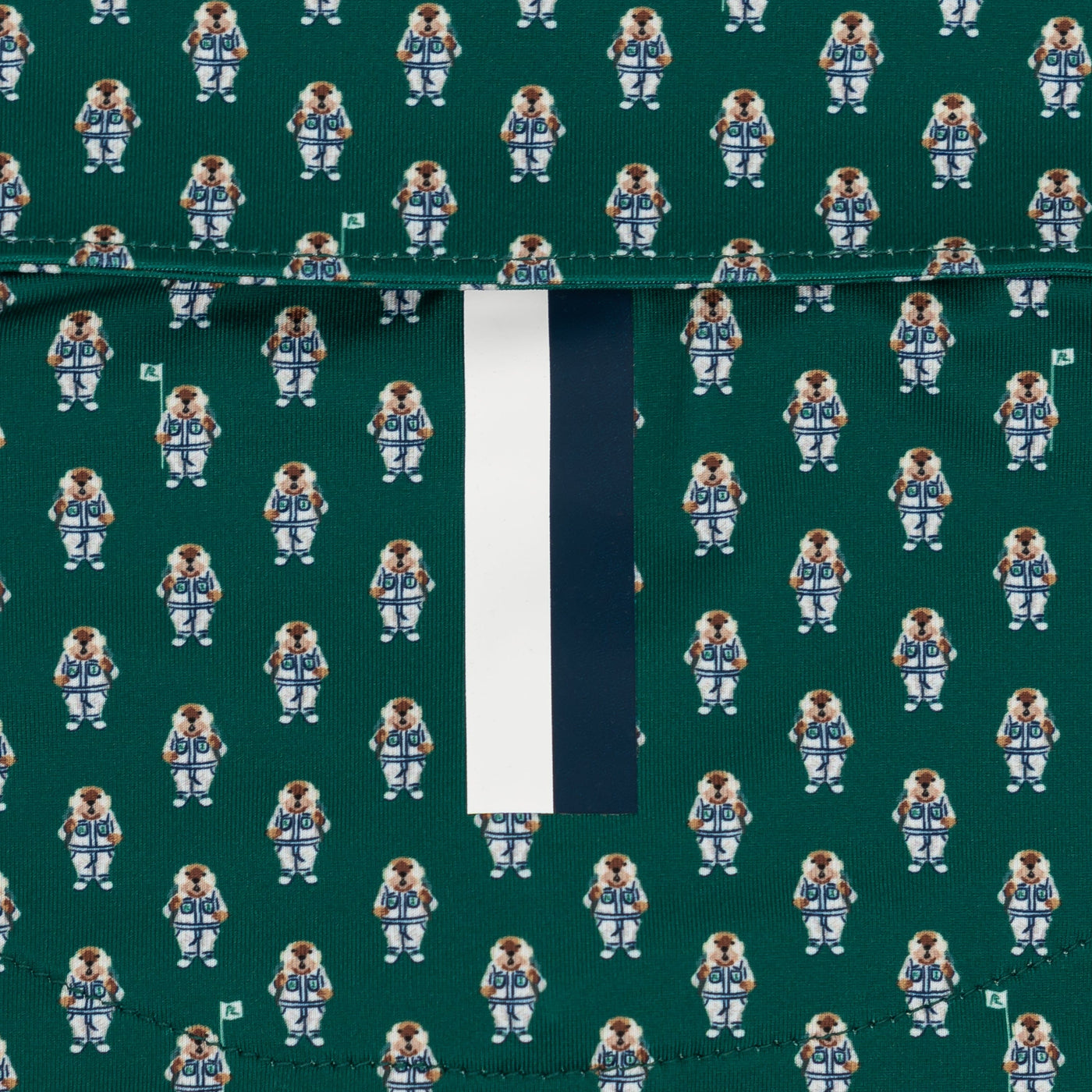 The RHOBACK "Golfin' Gopher" Performance Polo in Fairway Green/White features four-way stretch fabric with repeating small dog astronauts and a vertical dark green and white stripe near the center.