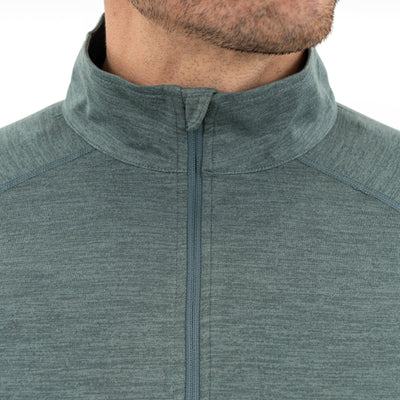 Close-up of a man's lower face and neck wearing the RHOBACK Tailwind Performance Q-Zip | Heather in Jungle Green/Dusty Pine, featuring moisture-wicking SkyKnit™ fabric and a high collar. Zipper is up, set against a plain white background.