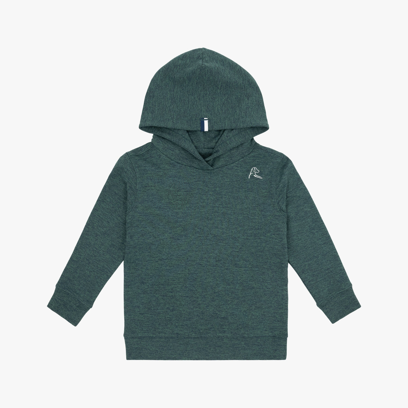 The RHOBACK Lil' Hesi Performance Hoodie in Heather - Ponderosa Green/Willow Green features long sleeves, VSoft™ fabric, and a small white embroidered logo on the left chest, shown laid flat on a white background.