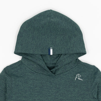 The RHOBACK Lil' Hesi Performance Hoodie in Heather - Ponderosa Green/Willow Green features a small white dog head outline on the chest, VSoft™ moisture-wicking fabric, and a blue and white pull tab on the hood.
