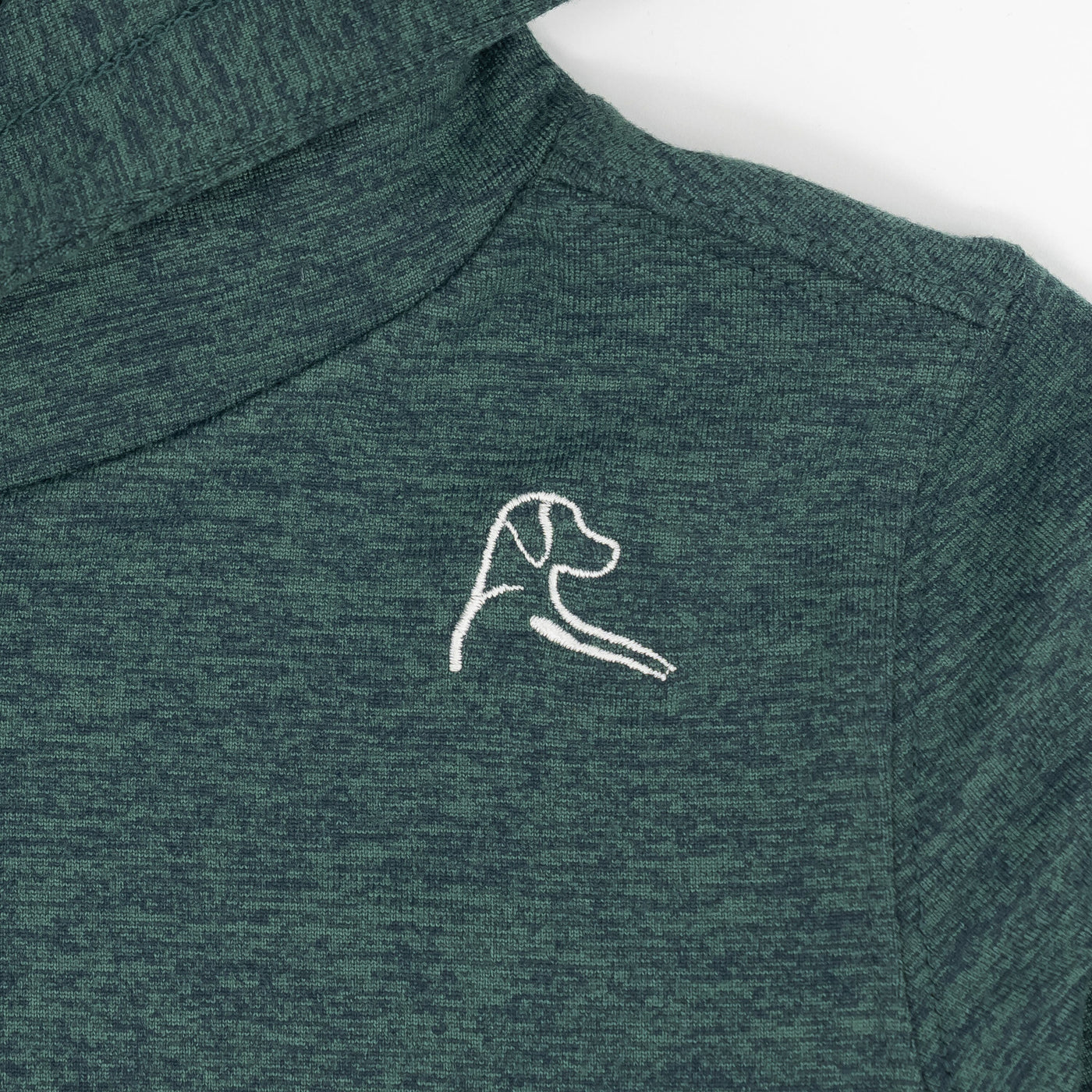 The RHOBACK Lil' Hesi Performance Hoodie in Heather - Ponderosa Green/Willow Green features a white embroidered dog head and paw on the chest and is crafted from soft, moisture-wicking VSoft™ fabric.