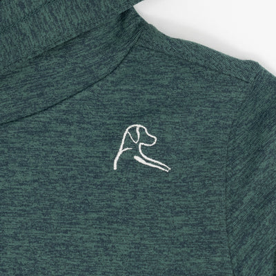 The RHOBACK Lil' Hesi Performance Hoodie in Heather - Ponderosa Green/Willow Green features a white embroidered dog head and paw on the chest and is crafted from soft, moisture-wicking VSoft™ fabric.