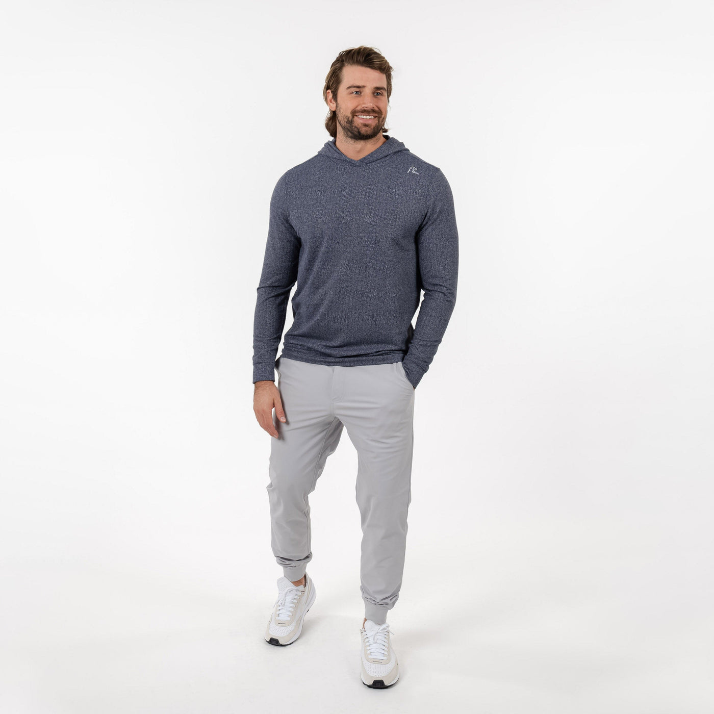 Hesi Performance Hoodie | Herringbone Jacquard - Fleet Navy/White