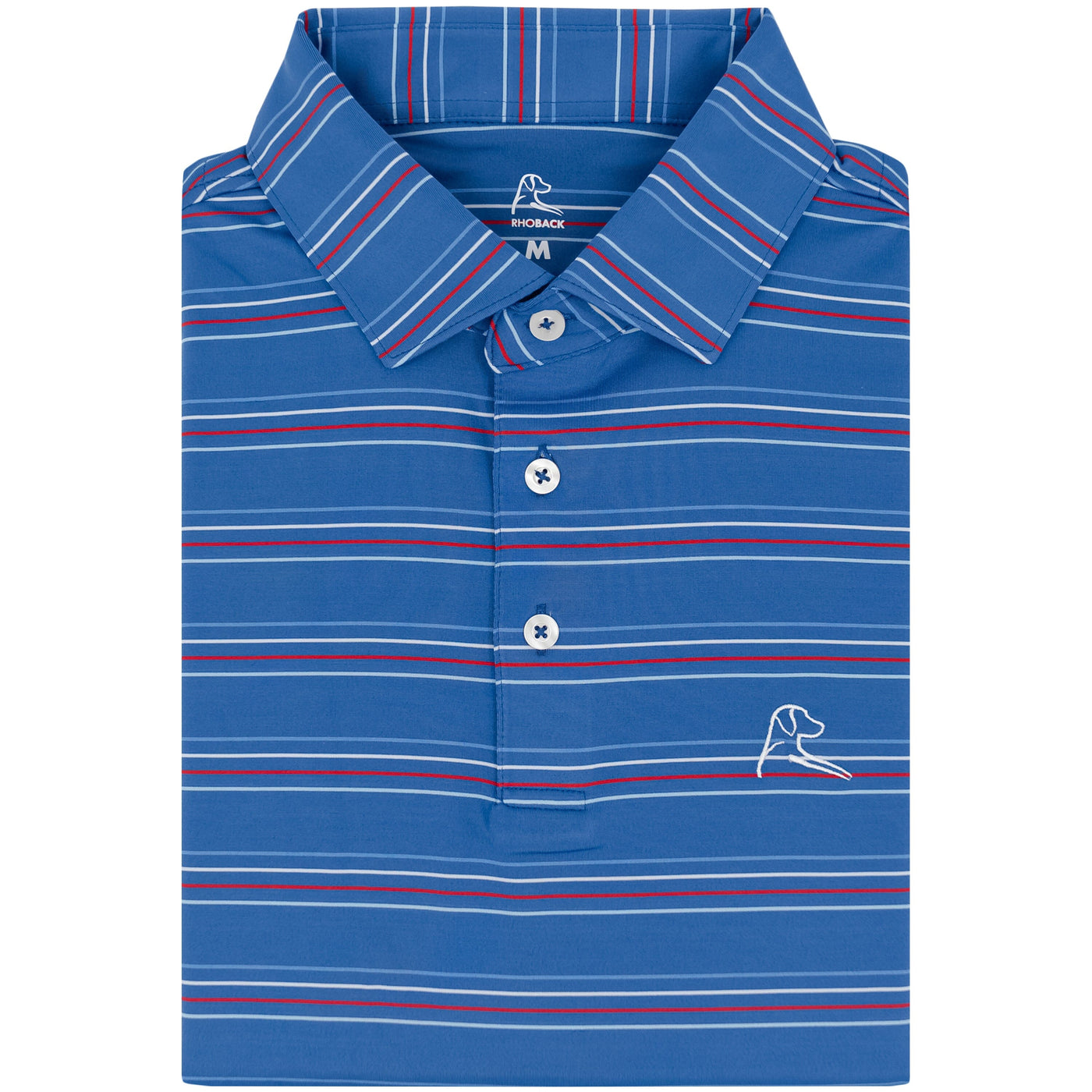 The RHOBACK Ivy Stripe Performance Polo in Short Stop Blue/White features horizontal white, red, and light blue stripes, a white embroidered dog logo on the chest, moisture-wicking comfort, and white placket buttons.