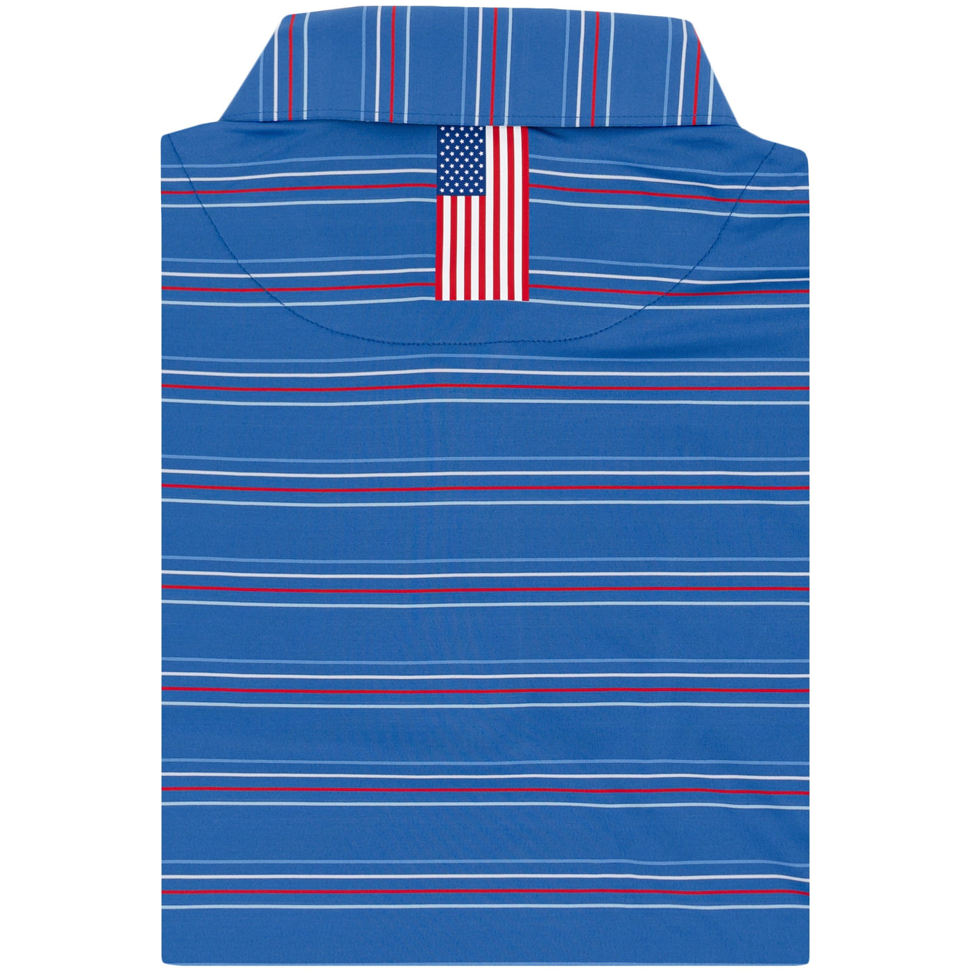 The RHOBACK Ivy Stripe Performance Polo in Short Stop Blue/White features thin red, white, and blue stripes, an American flag tag inside the collar, and offers moisture-wicking comfort plus UPF sun protection for everyday wear.