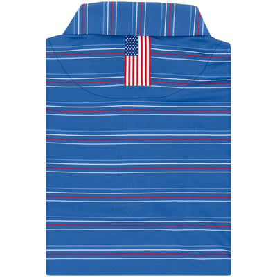 The RHOBACK Ivy Stripe Performance Polo in Short Stop Blue/White features thin red, white, and blue stripes, an American flag tag inside the collar, and offers moisture-wicking comfort plus UPF sun protection for everyday wear.