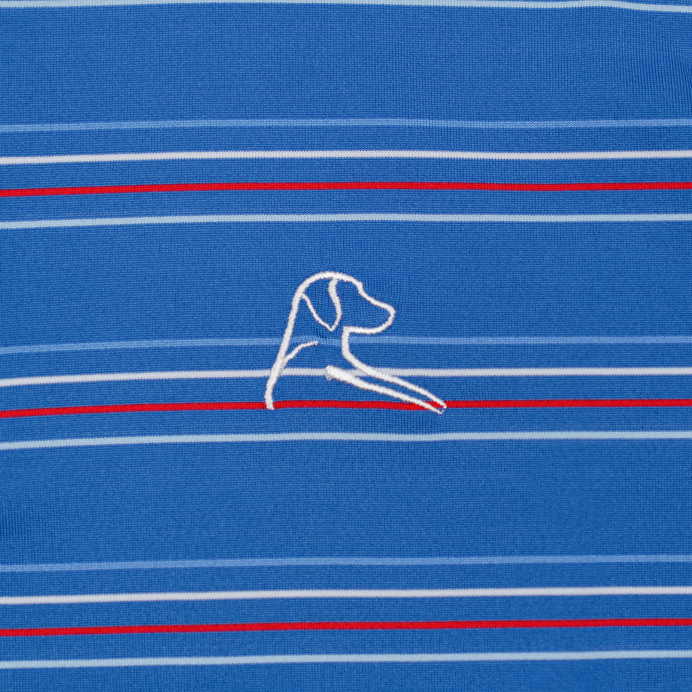 The RHOBACK Ivy Stripe Performance Polo in Short Stop Blue/White features horizontal white and red stripes, a central embroidered dog’s head and front legs in white, and moisture-wicking comfort for all-day wear.