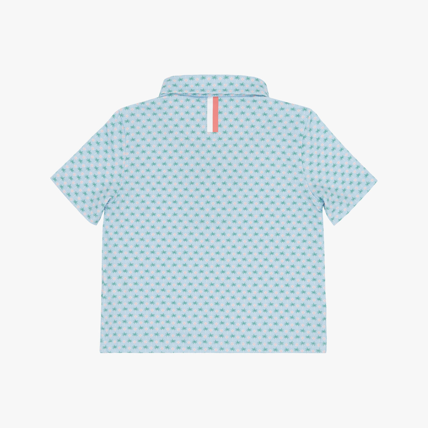 The RHOBACK The Lil' Spring Ball Performance Polo in Pale Blue features short sleeves, a geometric pattern, a collar, sun protection, and a vertical pink stripe on the back. Shown from the back.