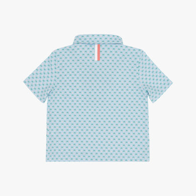The RHOBACK The Lil' Spring Ball Performance Polo in Pale Blue features short sleeves, a geometric pattern, a collar, sun protection, and a vertical pink stripe on the back. Shown from the back.