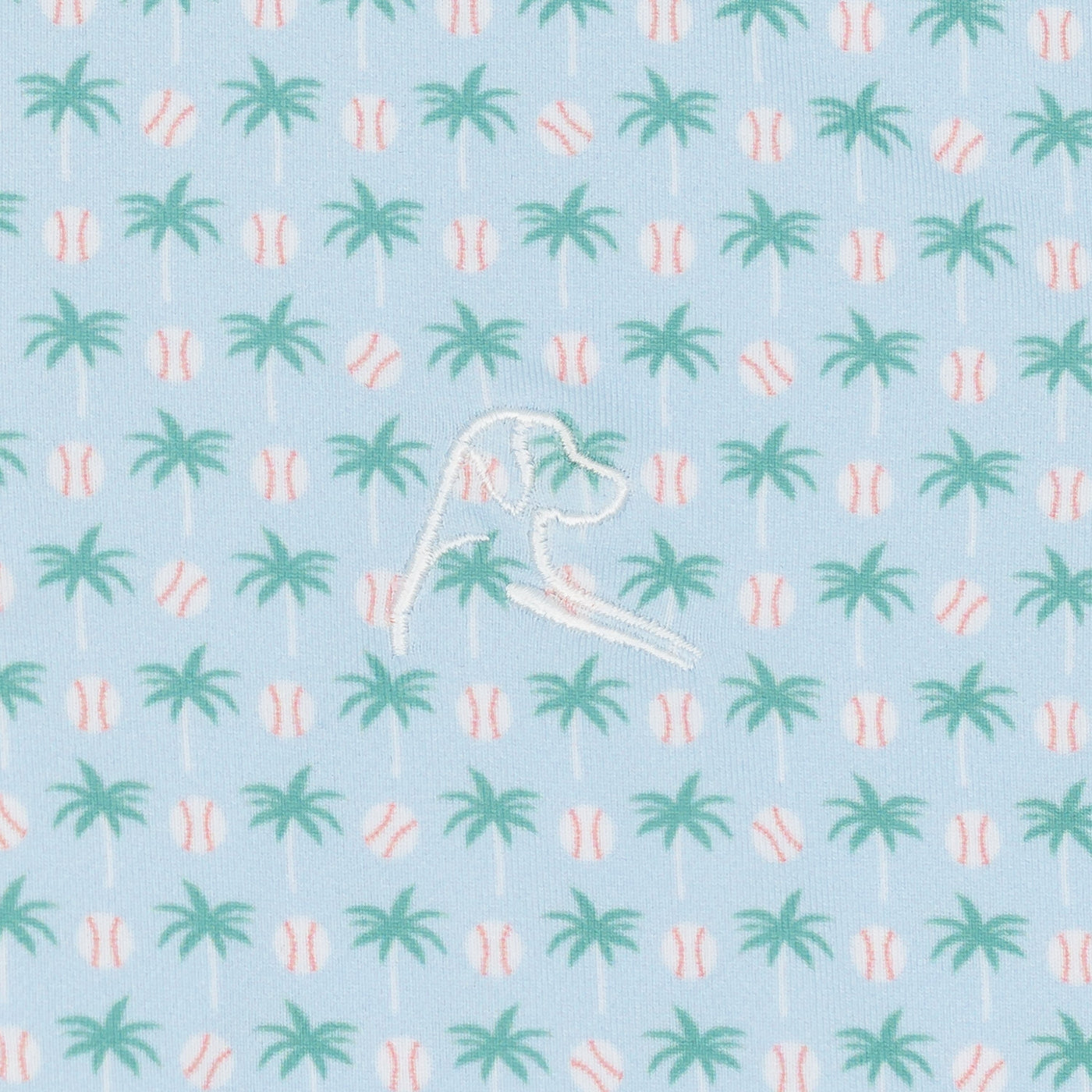 The Lil' Spring Ball Performance Polo by RHOBACK features a pale blue color with green palm trees and white baseballs, plus a white embroidered dog head. Enjoy sun protection and playful style all day.