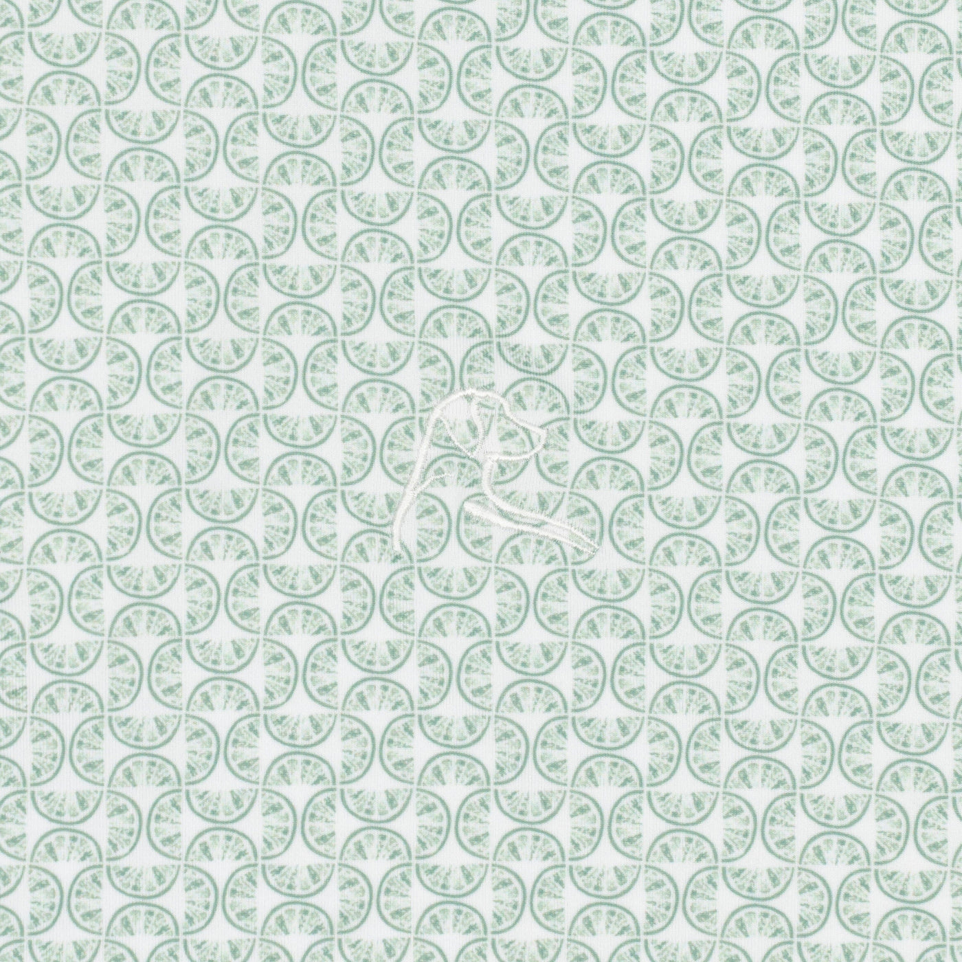 A seamless geometric pattern of overlapping curved lines in light green on white, inspired by moisture-wicking fabric, featured on RHOBACK's The Lime | Performance Polo in White/Spanish Moss.