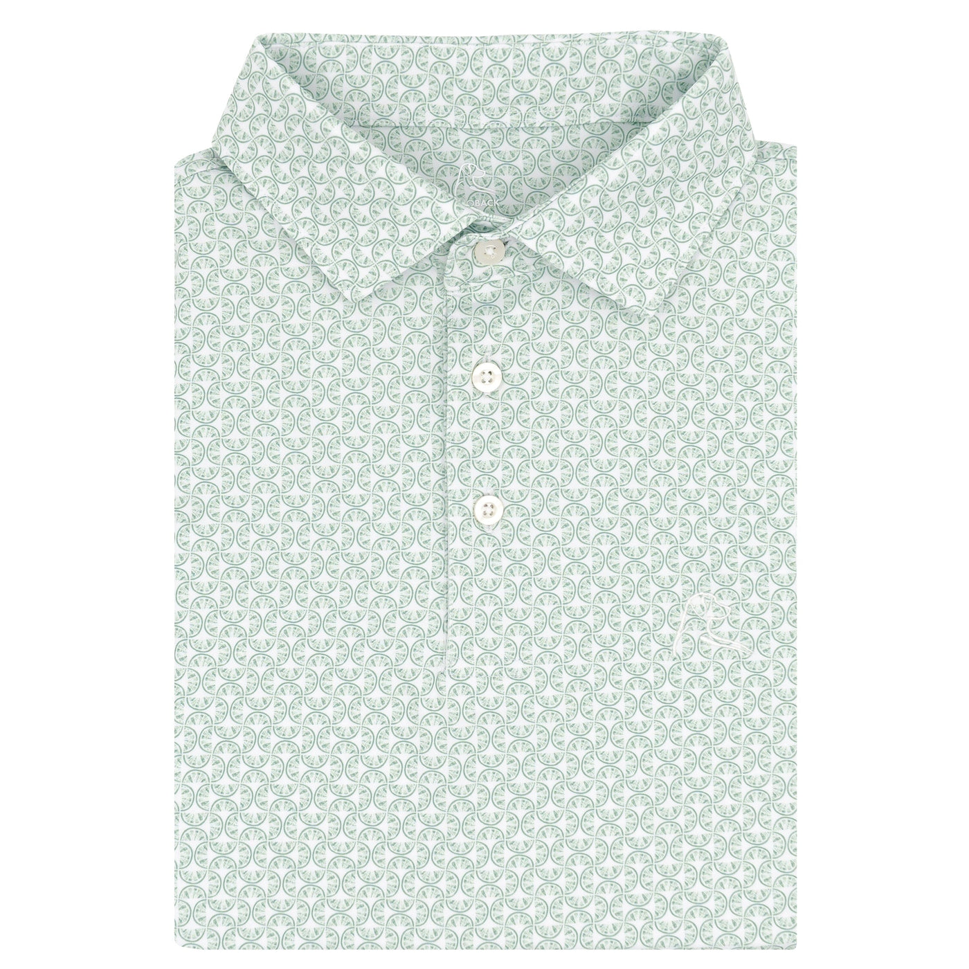 The Lime Performance Polo by RHOBACK in White/Spanish Moss features a small geometric pattern, three white buttons, and moisture-wicking fabric for comfort.