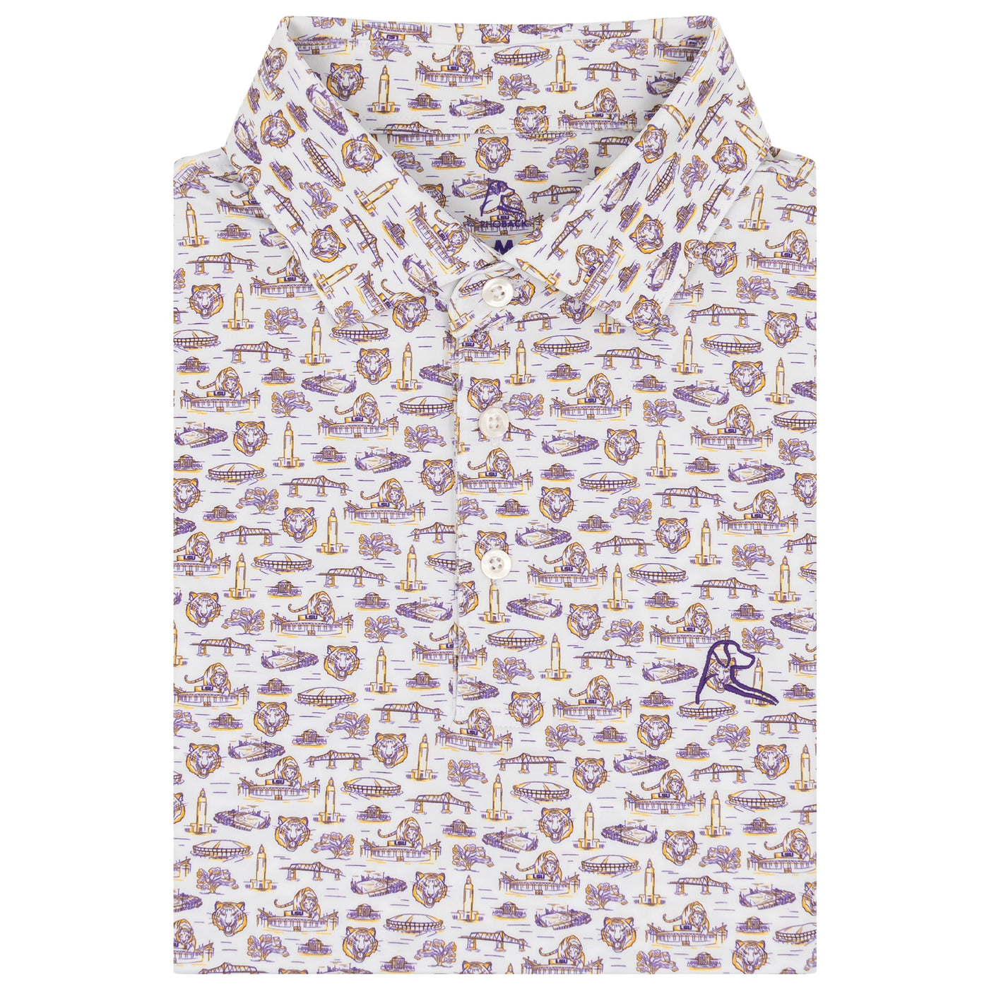 The LSU Baton Rouge Collegiate Polo by RHOBACK features a folded white design with purple and gold landmark print, crafted from moisture-wicking fabric and finished with an embroidered pelican logo on the lower right side.