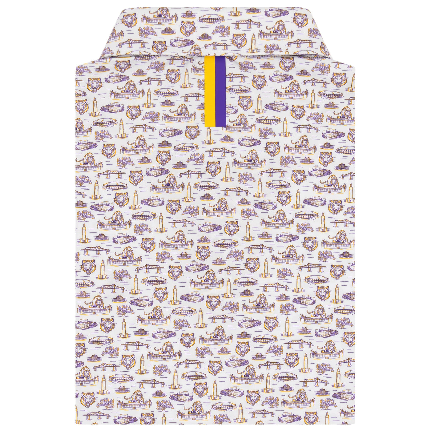 The RHOBACK LSU Baton Rouge | Collegiate Polo in White/Reauxback Purple features a Louisiana-themed print with tigers, state outlines, and more. Made from moisture-wicking performance fabric and finished with a striped collar accent.