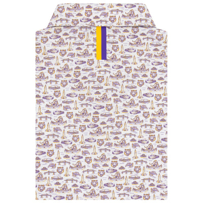 The RHOBACK LSU Baton Rouge | Collegiate Polo in White/Reauxback Purple features a Louisiana-themed print with tigers, state outlines, and more. Made from moisture-wicking performance fabric and finished with a striped collar accent.