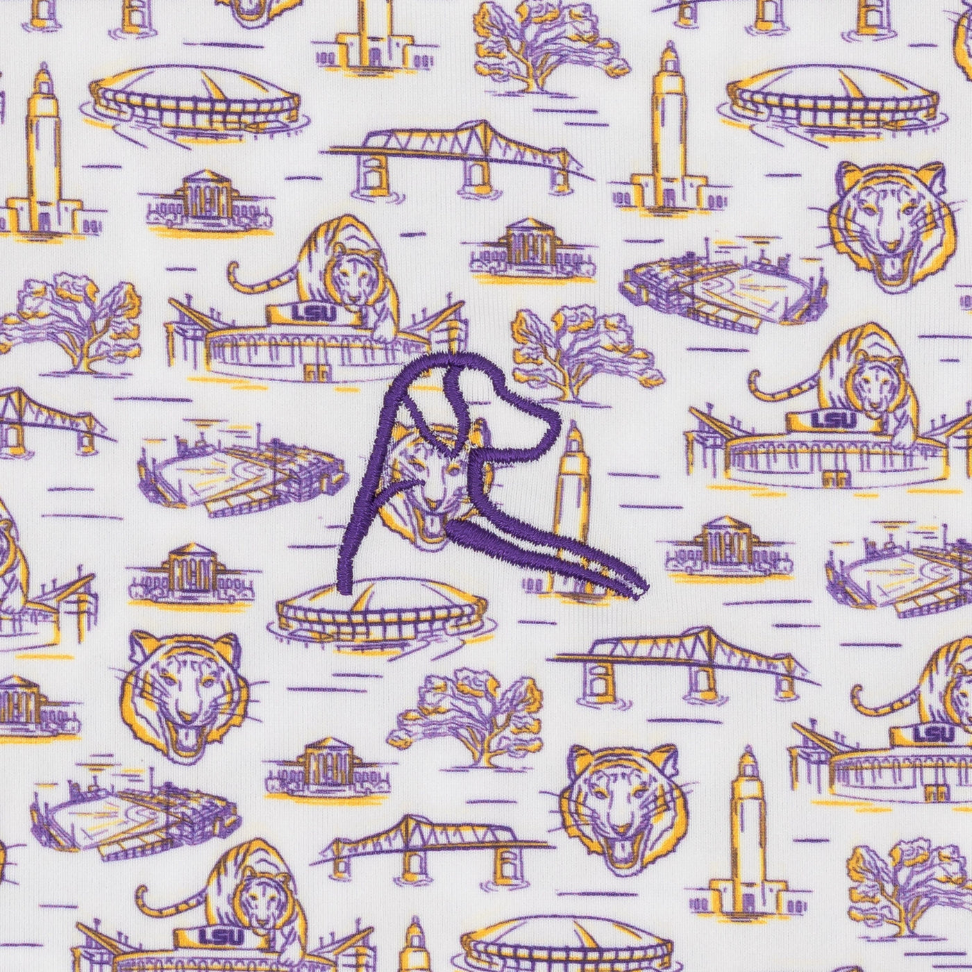 The RHOBACK LSU Baton Rouge Collegiate Polo in White/Reauxback Purple features performance fabric with purple and gold LSU landmarks, tigers, and logos, plus a bold purple "R" over a tiger head—ideal for any LSU fan's collection.